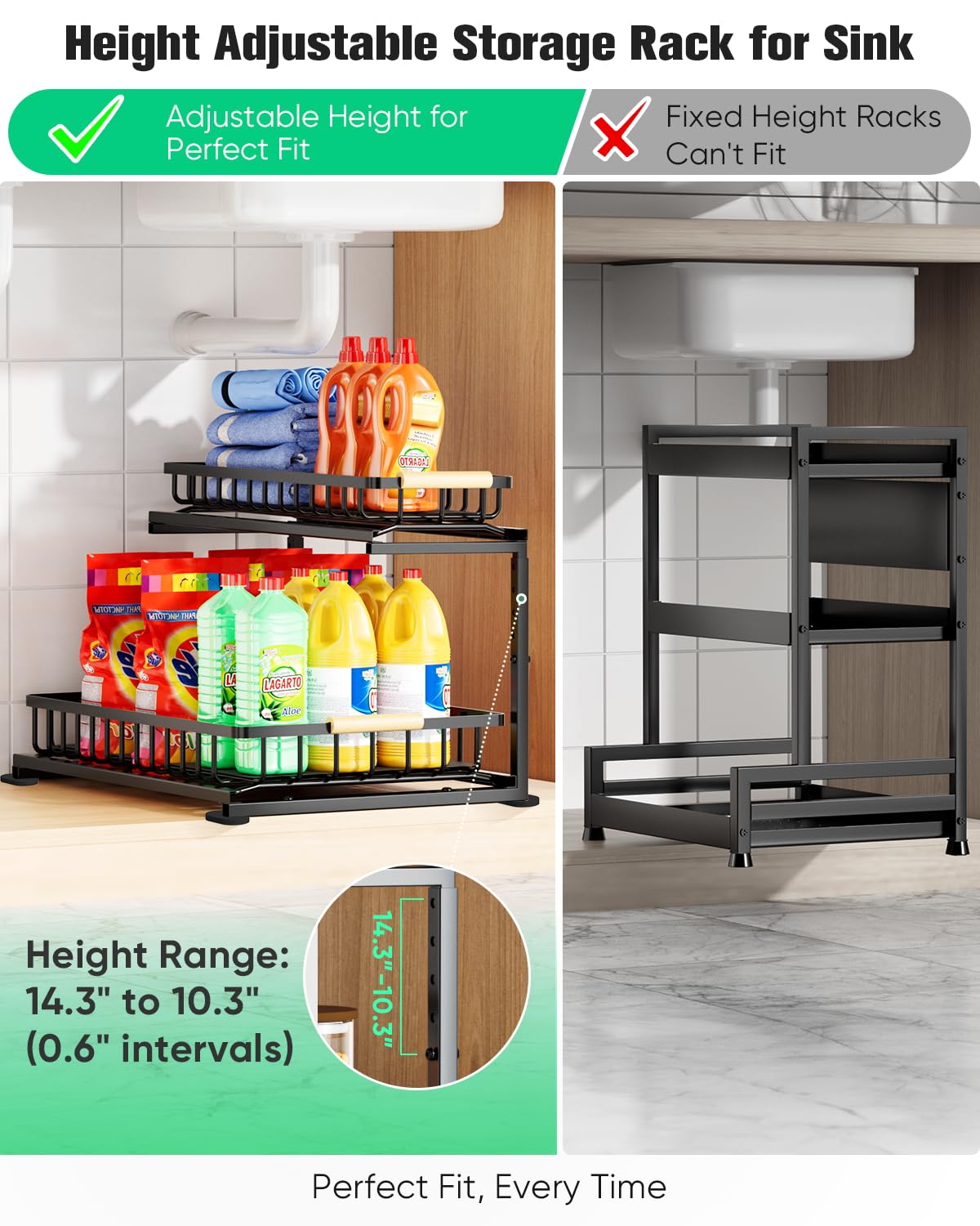 MapeloreCrafted Upgraded Metal Adjustable Under Sink Organizer, Height Adjustable 2-Tier Pull-Out Cabinet Storage Rack, Slide-Out Drawers for Kitchen, Bathroom, Pantry Organization, 2 Pack