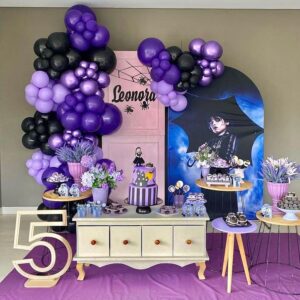 HKYOOD Purple and Black Balloons - 70Pcs 12 inch Purple Black Metallic Silver Latex Balloons with Purple Confetti for Halloween Birthday Anniversary Wednesday Graduation Party Decorations