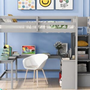 Merax Wood Full Size Loft Bed Frame with Built-in L Shaped Desk & 3 Storage Shelves & Attached Storage Stairs for Kids, No Box Spring Needed, Gray