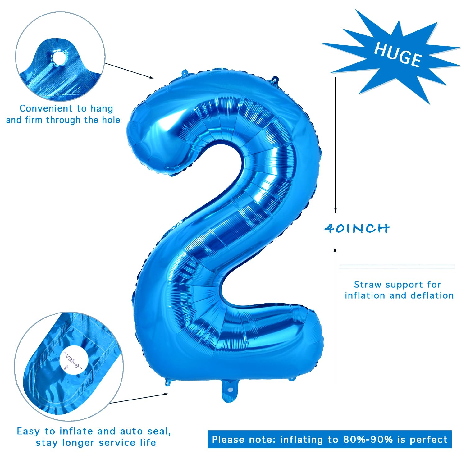 40 inch Number 2 Balloons, Large Number Balloon 2 for Birthday Graduation Wedding Anniversary Celebration Party Decorations (Blue)