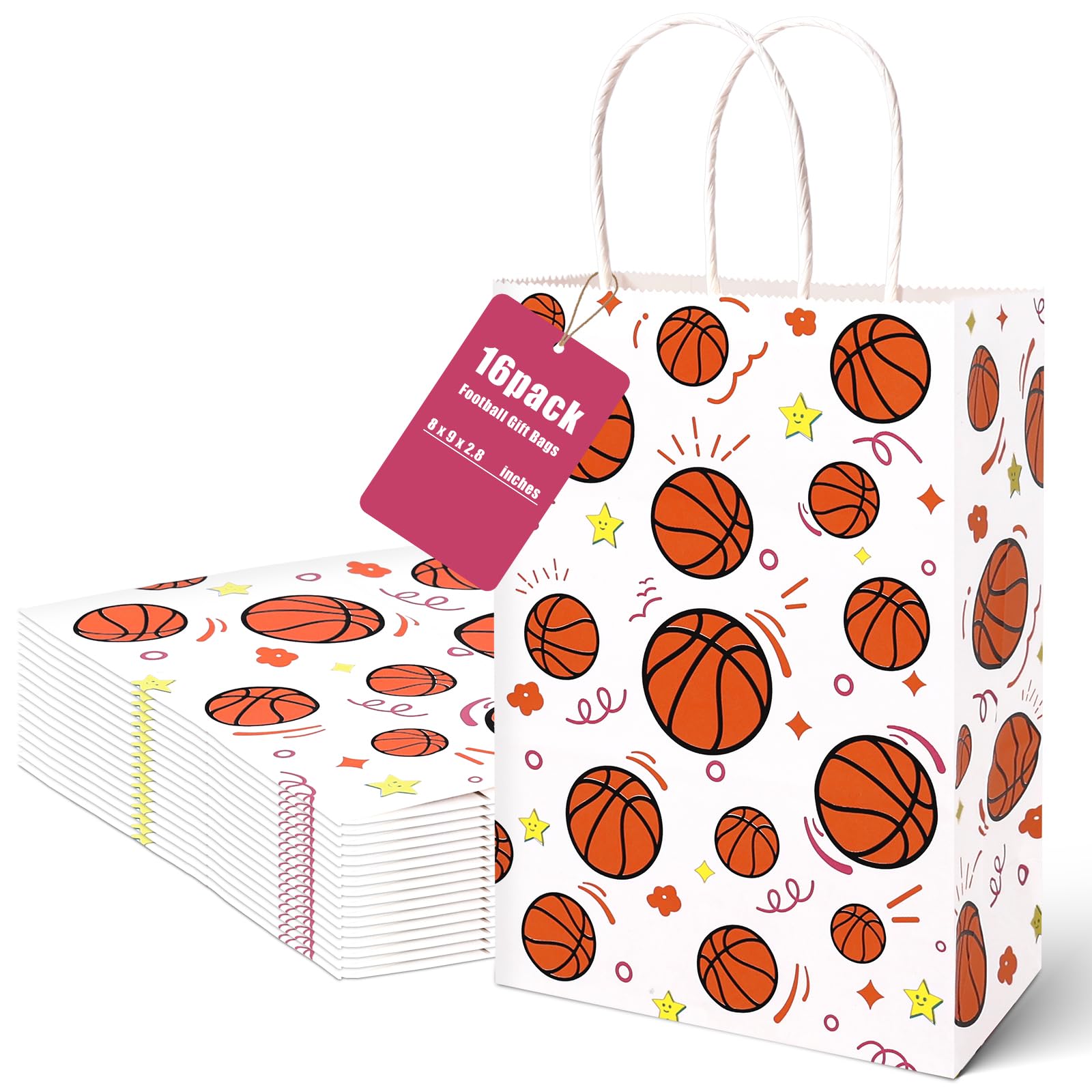 Shindel 16PCS Basketball Goodie Bags, Party Favor Bags with Handles Paper Bags for Gift Weddings Sports Themed Party 5.5" x 2.8" x 8"