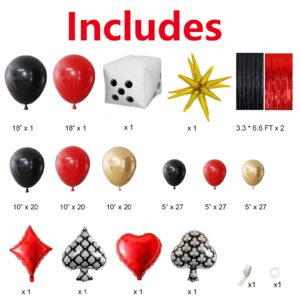 153PCS Casino Theme Party Decorations, Black Red Gold Balloon Garland Arch Kit With Starburst Dice Poker Foil Balloons, Foil Fringle Curtain Backdrops