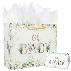 foxrush 2 sets of 13" sage green baby shower decorations giftware bags with handle, tissue papers and greeting card for baby shower, giftware bags for newborn, prospective parents