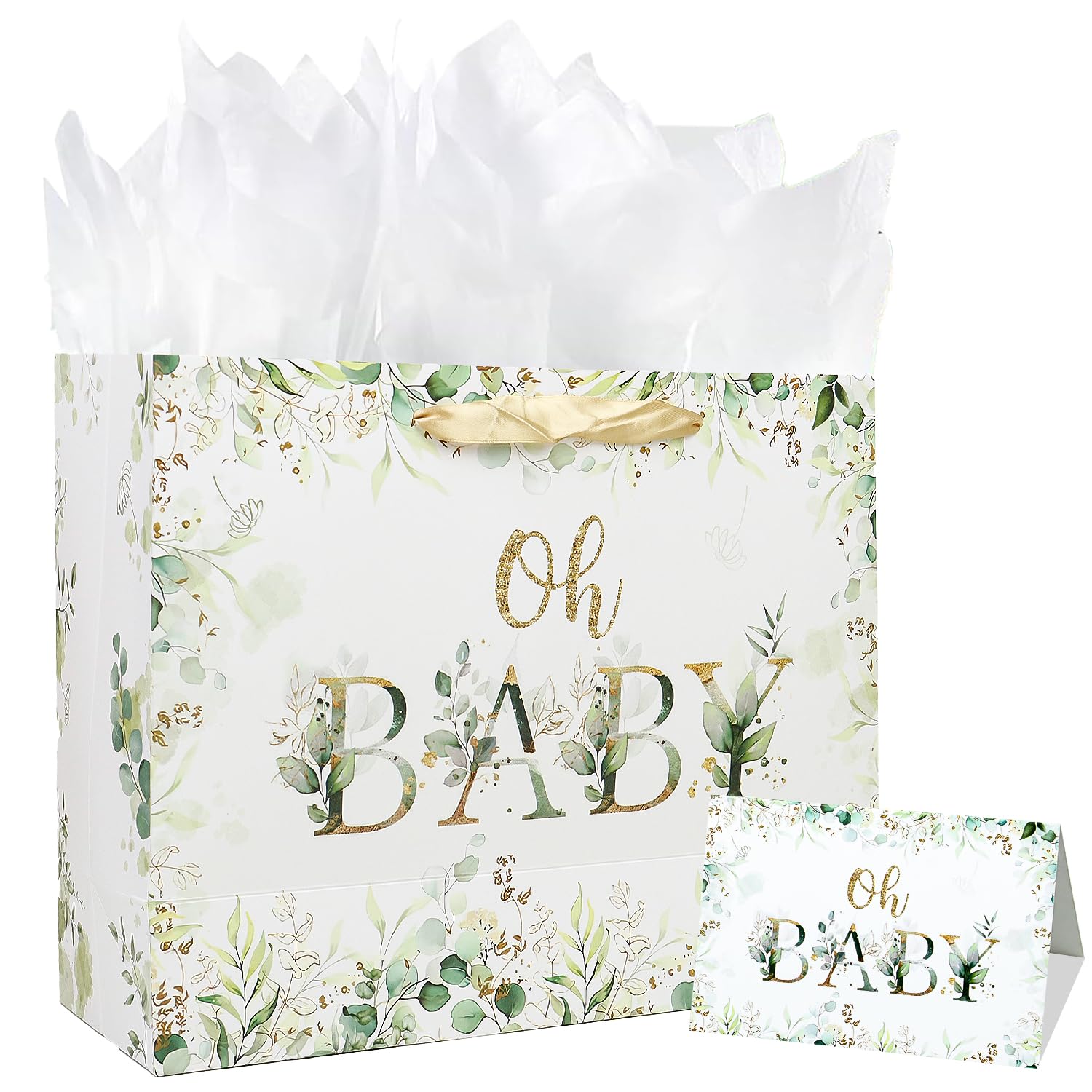 Foxrush 2 Sets of 13" Sage Green Baby Shower Decorations Giftware Bags with Handle, Tissue Papers and Greeting Card for Baby Shower, Giftware Bags for Newborn, Prospective Parents