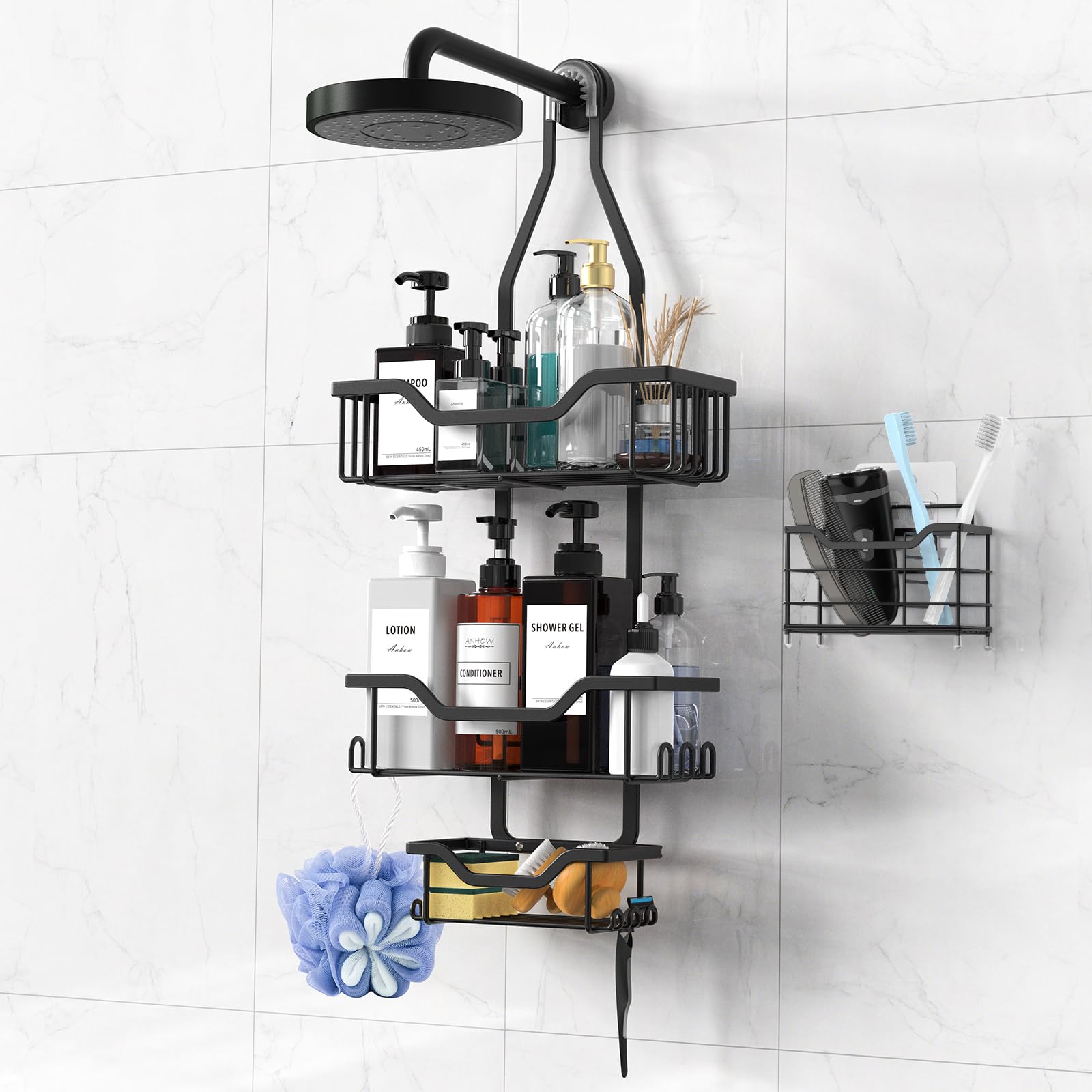 Anhow Shower Caddy Hanging Shower Organizer 3-Tier Over Shower Head with Adhesive Toothbrush Holder Anti-Swing Rustproof Shower Racks with 12 Hooks and Suction Cups for Bathroom, Matte Black