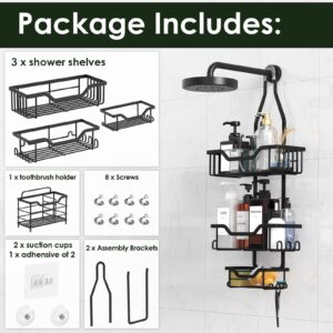 Anhow Shower Caddy Hanging Shower Organizer 3-Tier Over Shower Head with Adhesive Toothbrush Holder Anti-Swing Rustproof Shower Racks with 12 Hooks and Suction Cups for Bathroom, Matte Black