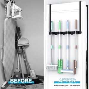 LOVZEN Broom Holder Over The Door, Mop and Broom Holder Wall Mount or Hanging Over The Door with Hooks, Broom Hanger, Broom Storage, Tool Organizer for Garage Closet Laundry 1PCS