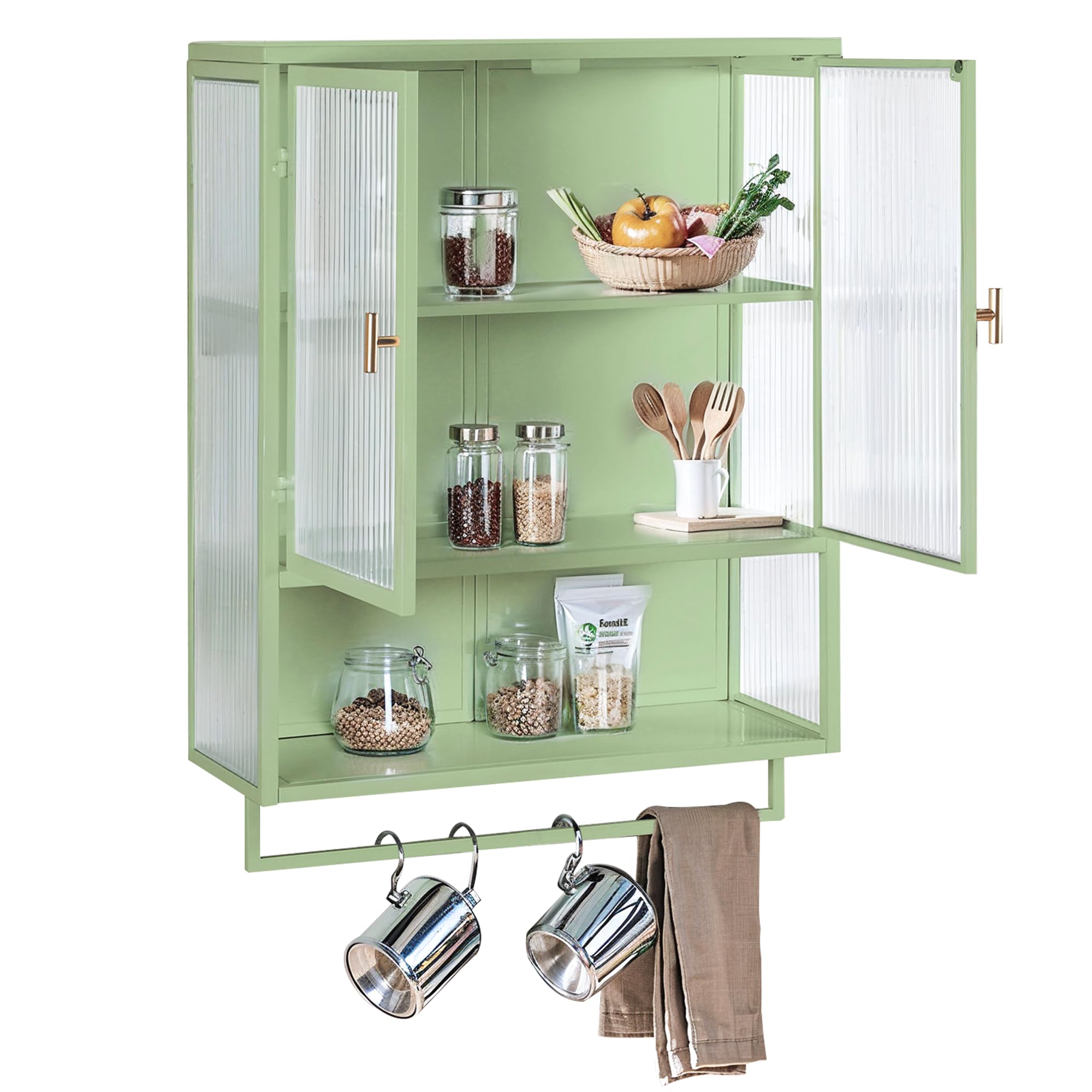 VKTO Bathroom Wall Cabinet with 2 Glass Door, Over The Toilet Storage Metal Hanging Cabinet with Towels Bar and Shelves, Medicine Cabinet for Bathroom Laundry Room Kitchen (Green)