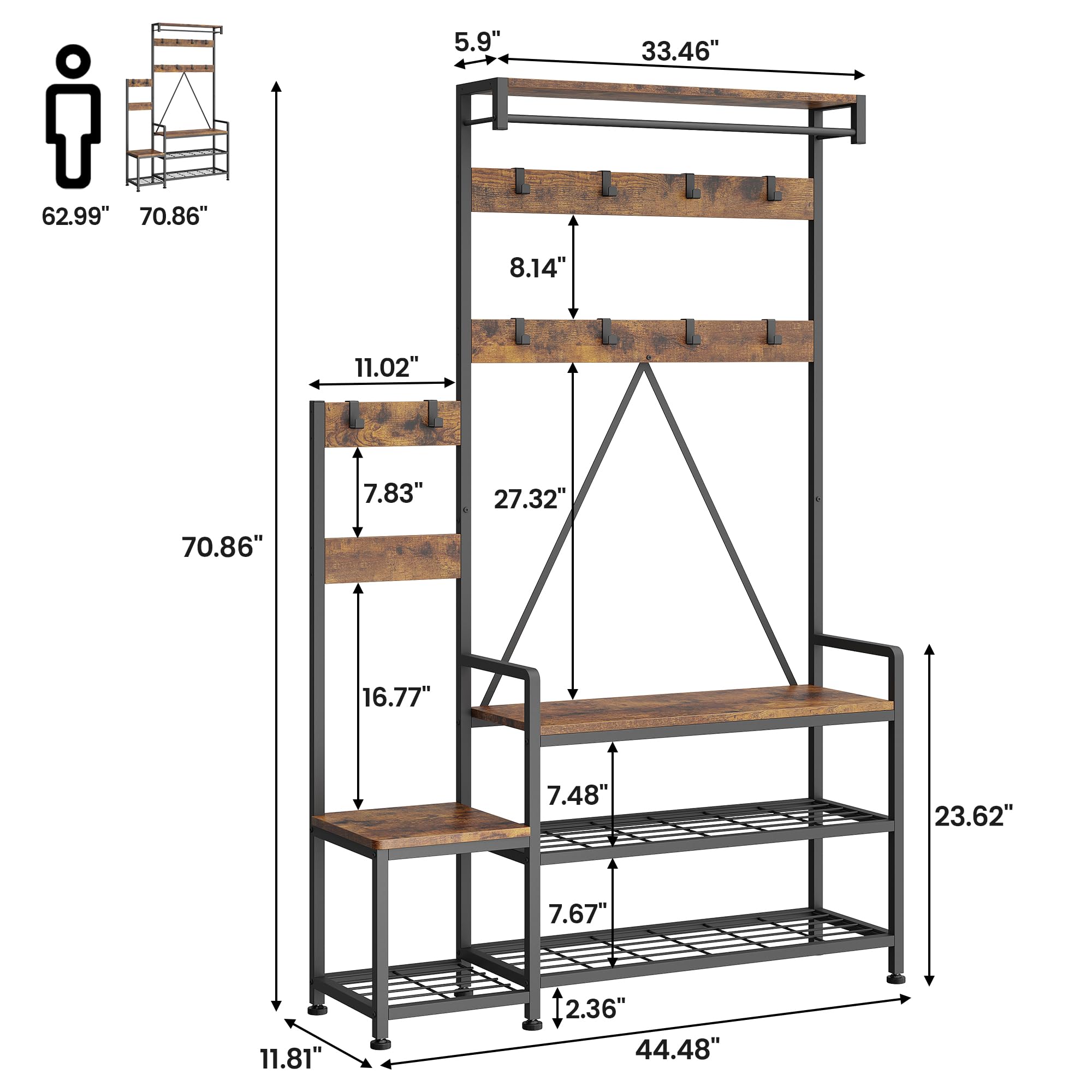 IDEALHOUSE Hall Tree with Bench and Shoe Storage Parent-Child Coat Rack Shoe Bench Industrial Coat Tree Entryway Large Organizer with Shoe Rack, Storage Cubbies, Hooks, and Top Shelf