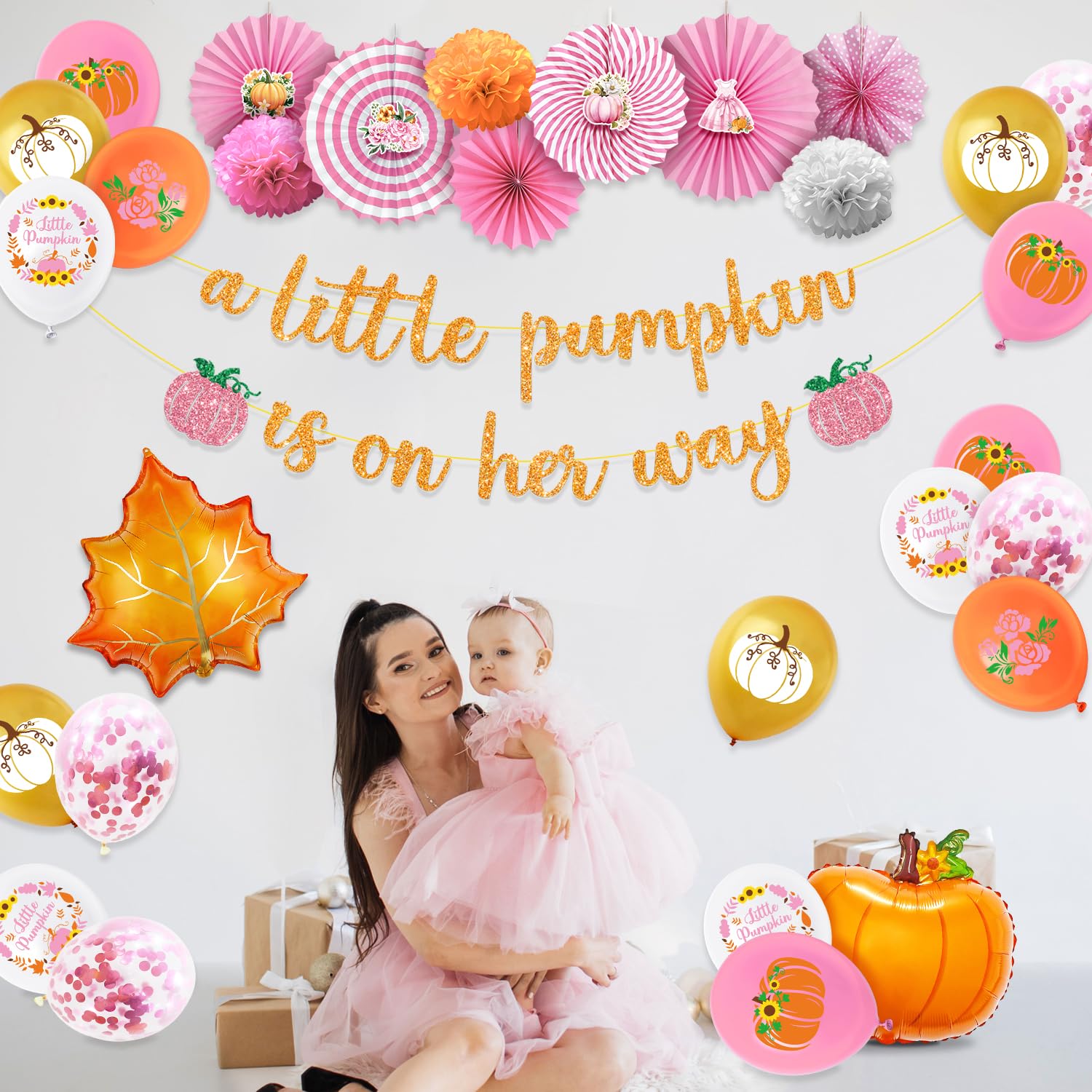 Little Pumpkin Baby Shower Decorations, 38Pcs Pumpkin Baby Shower A Little Pumpkin Is On Her Way Banner, Fall Baby Shower Decorations Girl Maple Leaf Pumpkin Balloons Paper Flower Balls Paper Fans