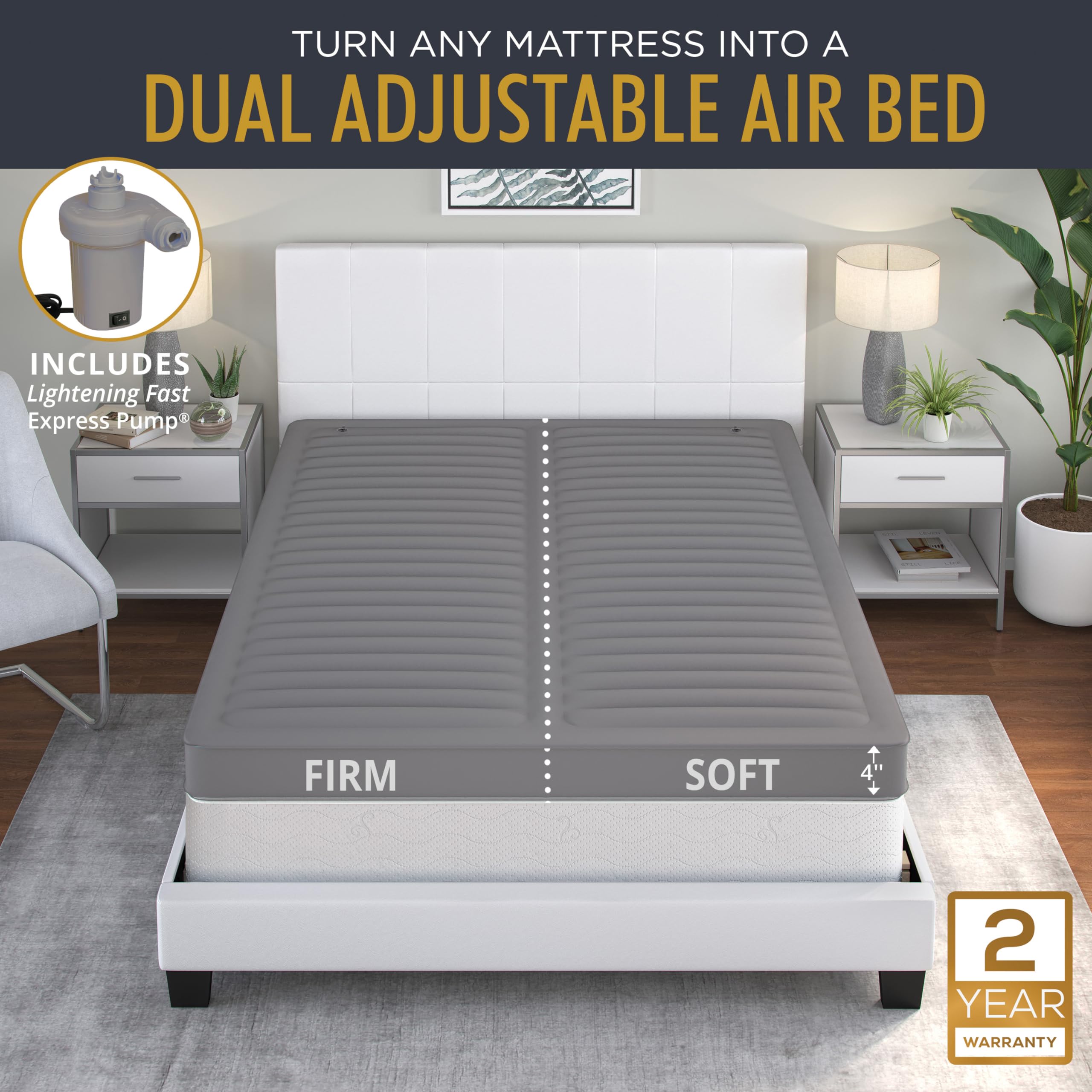 TopAire 4" King Size Mattress Topper with Dual Individual Adjustable Air Support Chambers, Raised Edge Support, High-Speed Inflation Pump