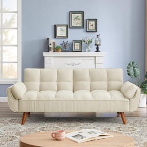 modern convertible tufted futon sofa bed split adjustable backrest loveseat sofabed w/removable padded armrests and wood legs for living space/guest room