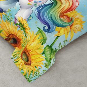 Ntlfup Cute Unicorn Comforter Set Full Size, Yellow Sunflower Unicorn Bedding Set 3pcs for Kids Girls, Soft Polyester Bedding