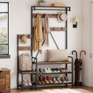 idealhouse hall tree with bench and shoe storage parent-child coat rack shoe bench industrial coat tree entryway large organizer with shoe rack, storage cubbies, hooks, and top shelf