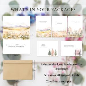 SLAPAFLIFE Sympathy Cards with Envelopes, Watercolor landscape Design Sympathy Cards Set of 20, Condolence Card with Matching Peel-and-Seal Rustic Envelopes, Each Card Comes with Heartfelt Condolences