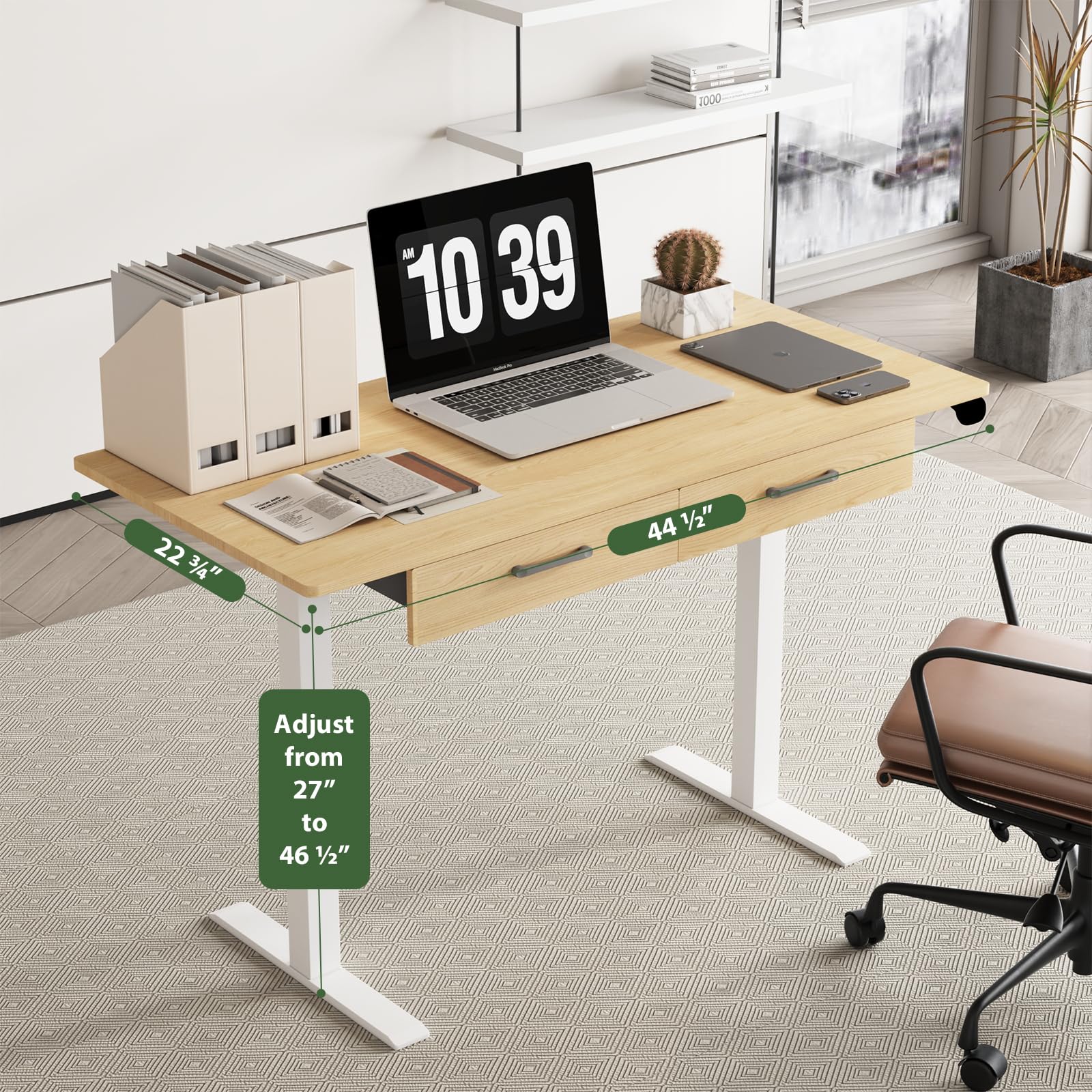 Our Modern Space 2-Drawer Height Adjustable 45" Electric Standing Desk - Upgraded Ultra Durable Home Office Large Rectangular Computer Table or Laptop Sit Stand Workstation - Maple