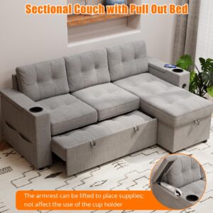 Sofa Bed- 2 in 1 Pull Out Couch Bed with Storage Space and Arms,Sleeper Sofa with Pull Out Bed,L-Shaped Sofa Couch Bed,1 USB-A, 1 Type-C,Pull Out Couch for Living Room ,Linen Sectional Sofa,Grey