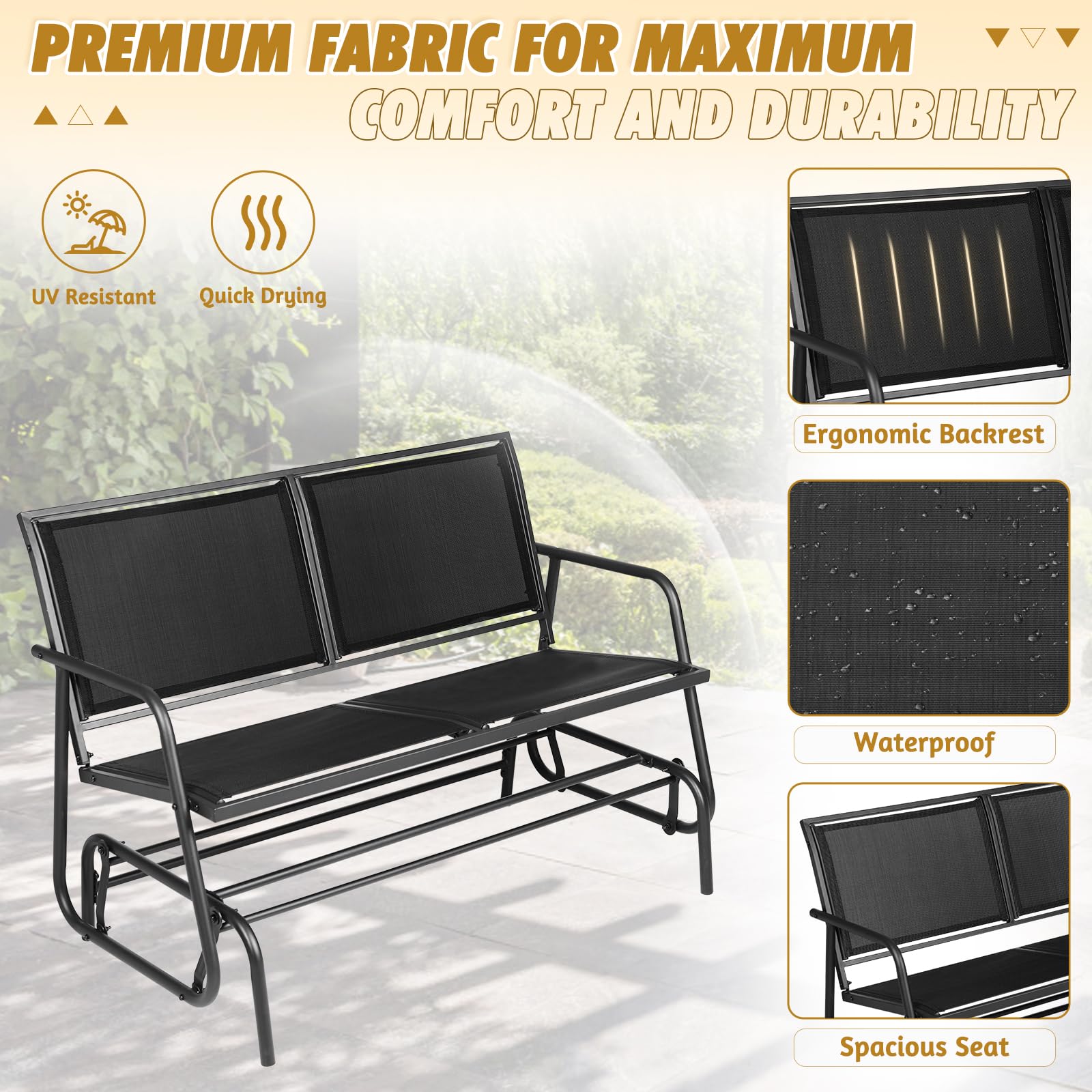 SUNCROWN Outdoor 2-Person Glider Bench, Patio Swing Rocking Chair, Loveseat, Rocker with Powder Coated Steel Frame, Textilene Fabric for Backyard, Garden, Porch, Deck(Black)