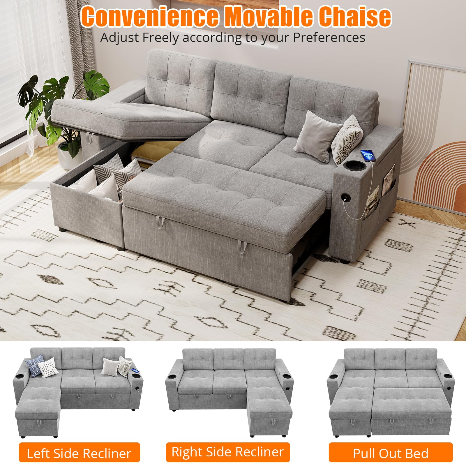 Sofa Bed- 2 in 1 Pull Out Couch Bed with Storage Space and Arms,Sleeper Sofa with Pull Out Bed,L-Shaped Sofa Couch Bed,1 USB-A, 1 Type-C,Pull Out Couch for Living Room ,Linen Sectional Sofa,Grey