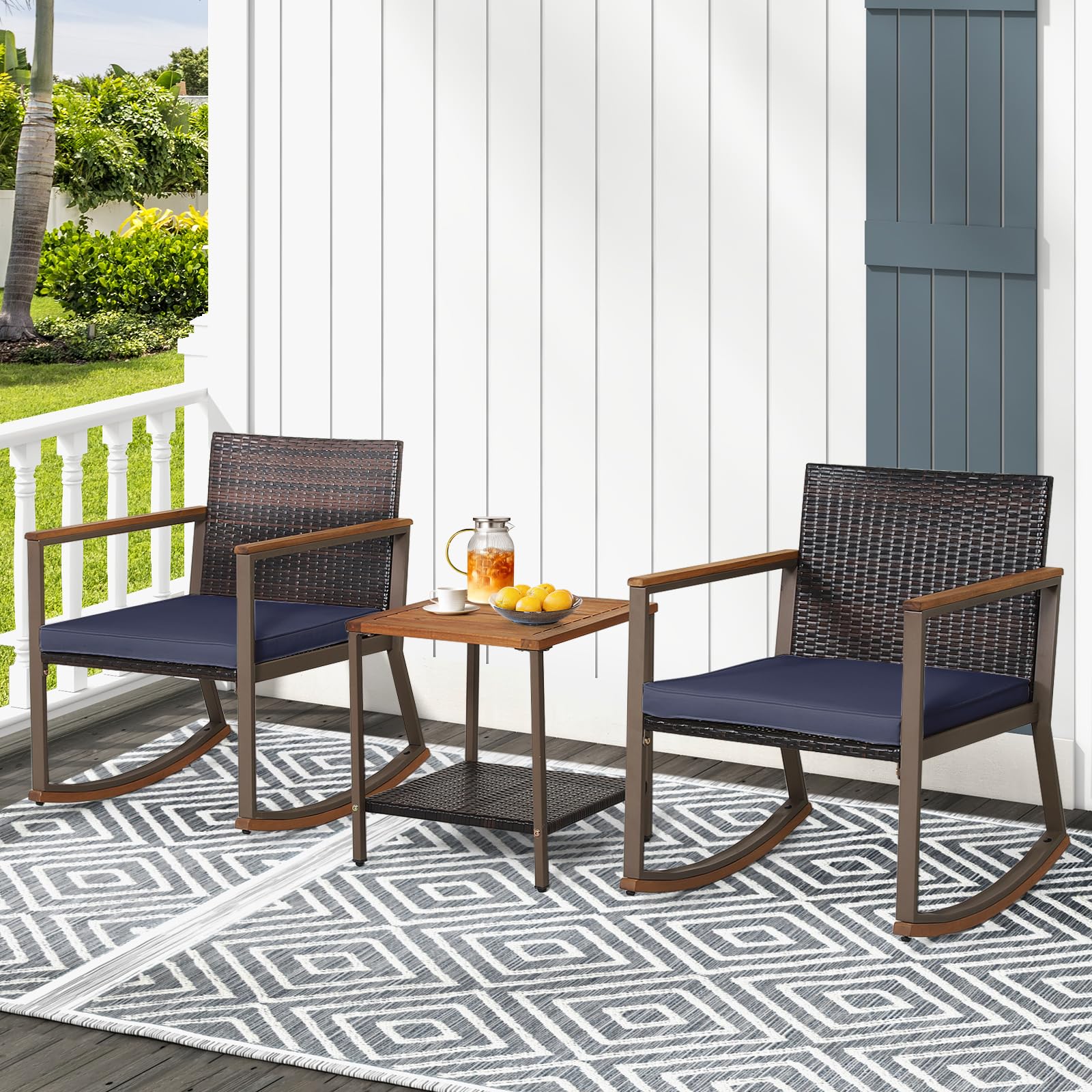 Toolsempire Outdoor Rocking Chair Set, 3 Pieces Patio Set Rocking Chair with Coffee Table & Cushions, Patio Wicker Furniture Set Outdoor Bistro Set for Balcony, Porch & Backyard (Navy Blue)