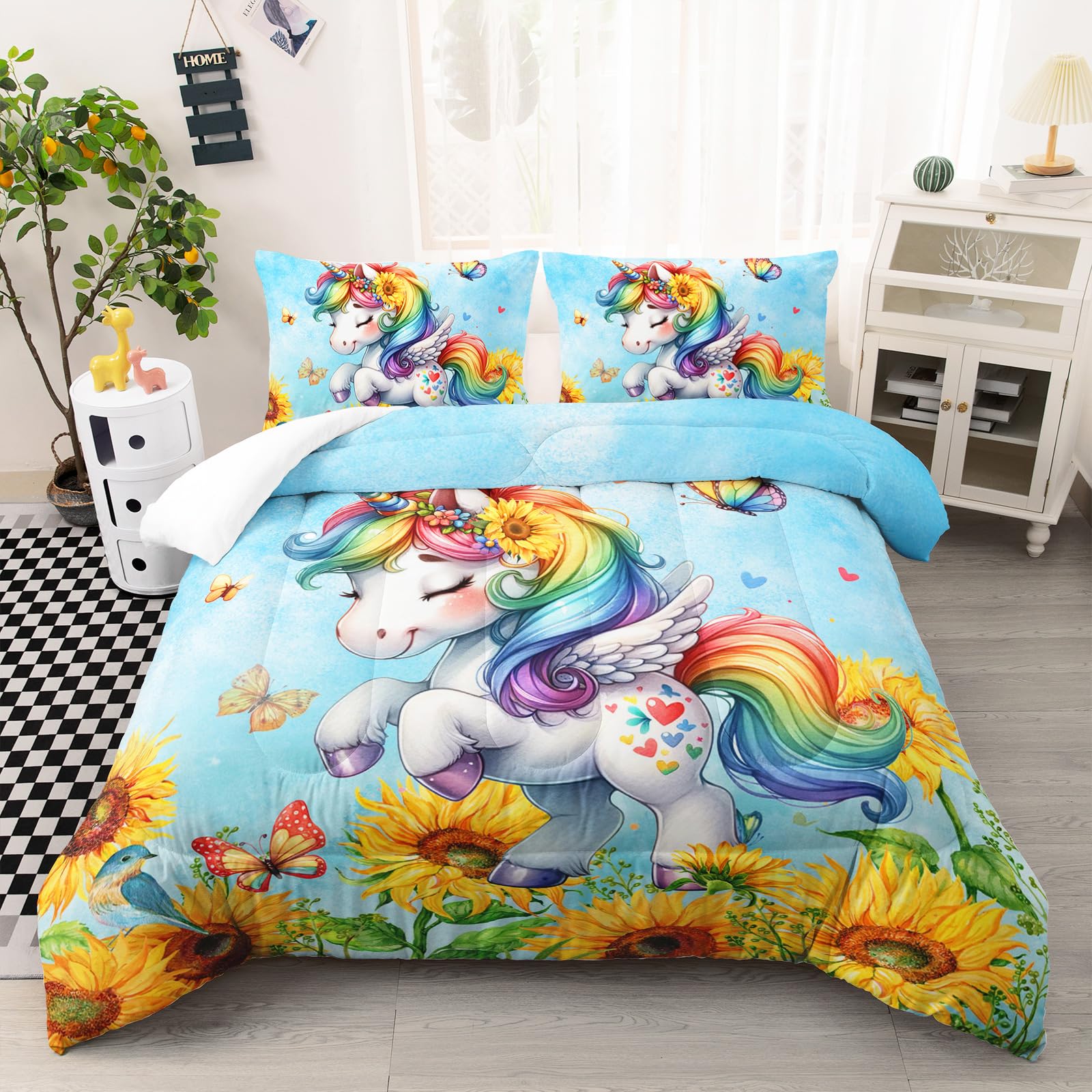 Ntlfup Cute Unicorn Comforter Set Full Size, Yellow Sunflower Unicorn Bedding Set 3pcs for Kids Girls, Soft Polyester Bedding