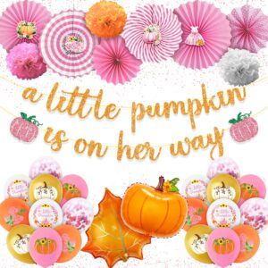 little pumpkin baby shower decorations, 38pcs pumpkin baby shower a little pumpkin is on her way banner, fall baby shower decorations girl maple leaf pumpkin balloons paper flower balls paper fans