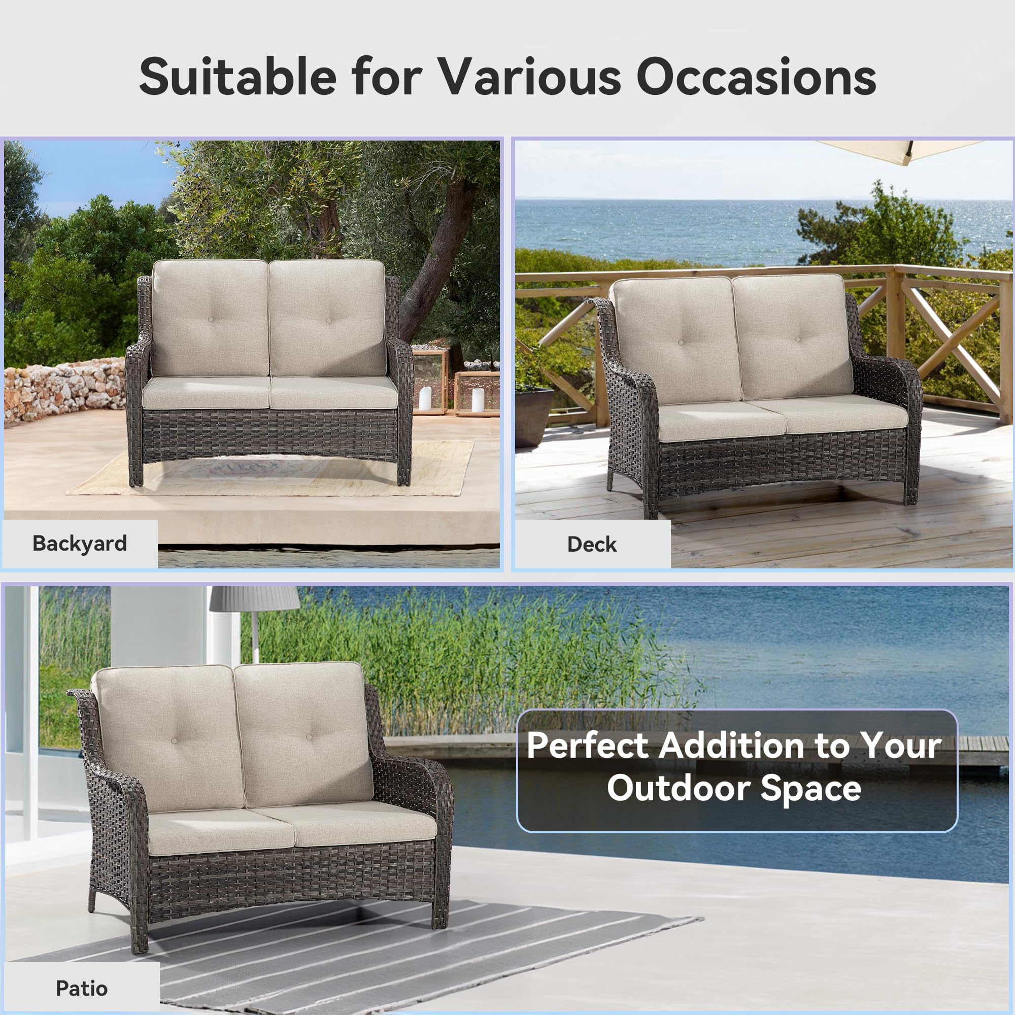 Gardenbee Patio Loveseat Sofa Outdoor Wicker Couch, 2-Seater Furniture with High Back and Olefin Cushions, Beige