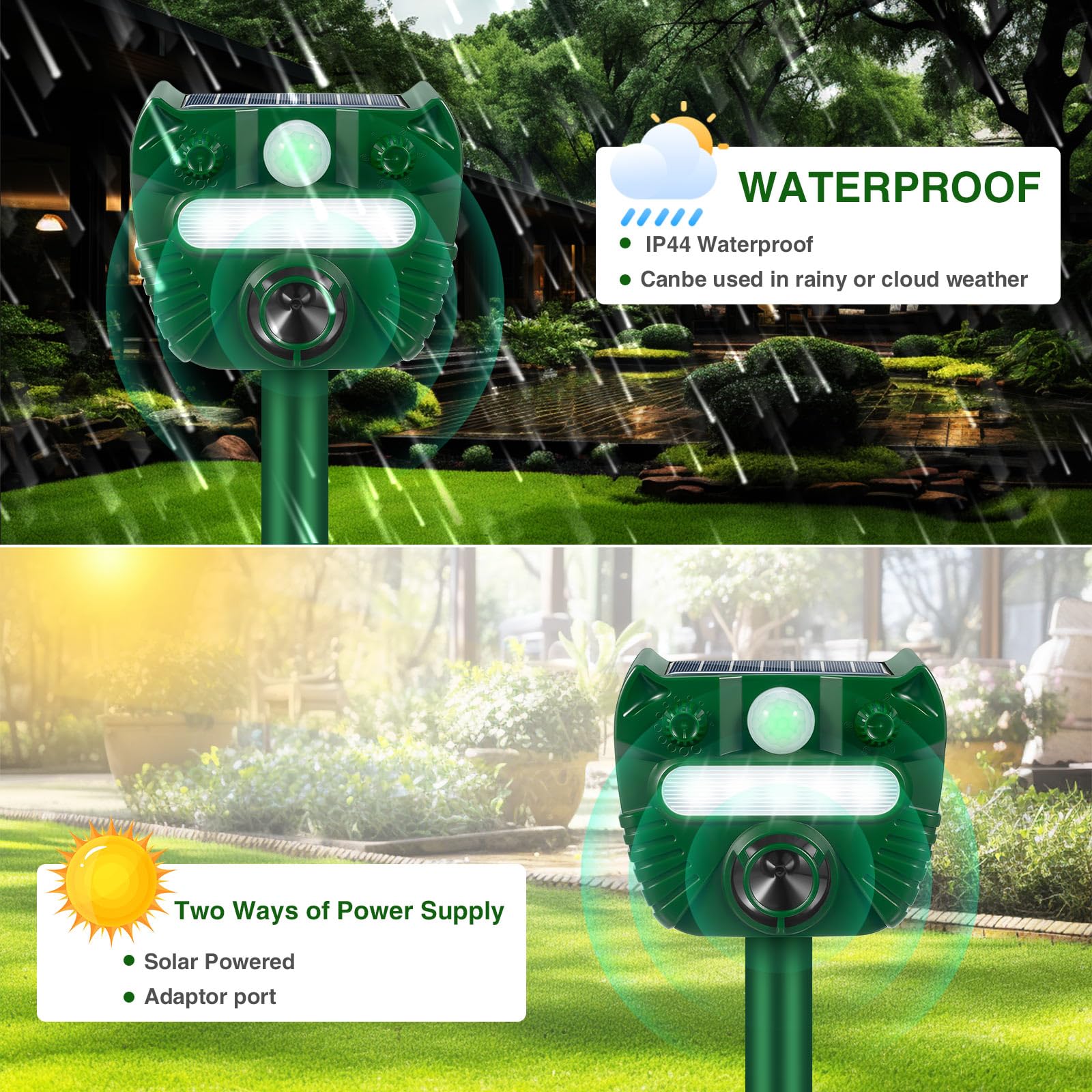 Upgraded Ultrasonic Animal Repeller Outdoor,2 Pack Solar Animal Repeller with Motion Sensor & Deterrent Light to Scare Cat Raccoon Rabbit Squirrel Skunk Dog Deer Repellent Devices for Yard Protection