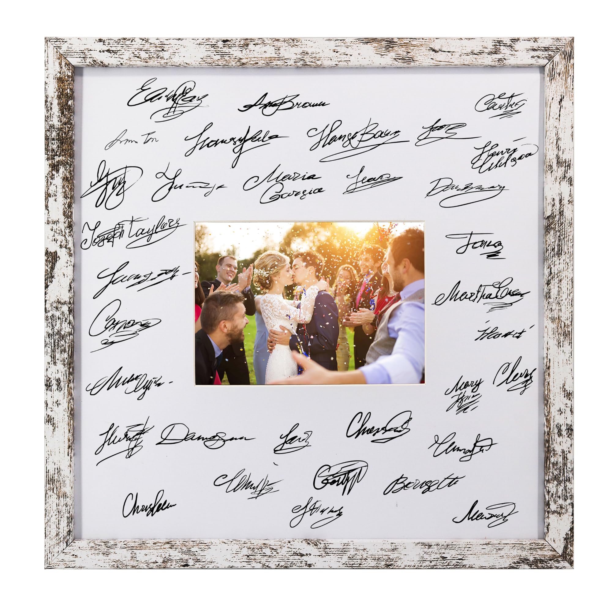 GraduatePro 14x14 Signature Picture Frame Board for 5x7 Photo with Signable Mat for Birthday Baptism Party Graduation Wedding Guest Book Rustic White