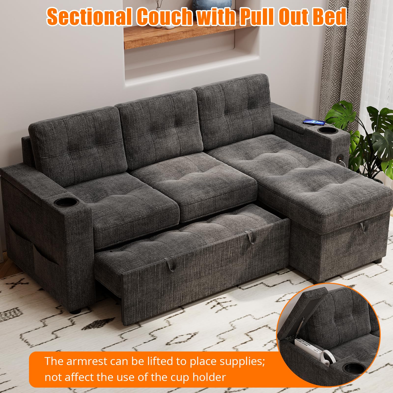 Sofa Bed- 2 in 1 Pull Out Couch Bed with Storage Space and Arms,Sleeper Sofa with Pull Out Bed,L-Shaped Sofa Couch Bed,1 USB-A, 1 Type-C,Pull Out Couch for Living Room Black,Linen Sectional Sofa,Grey