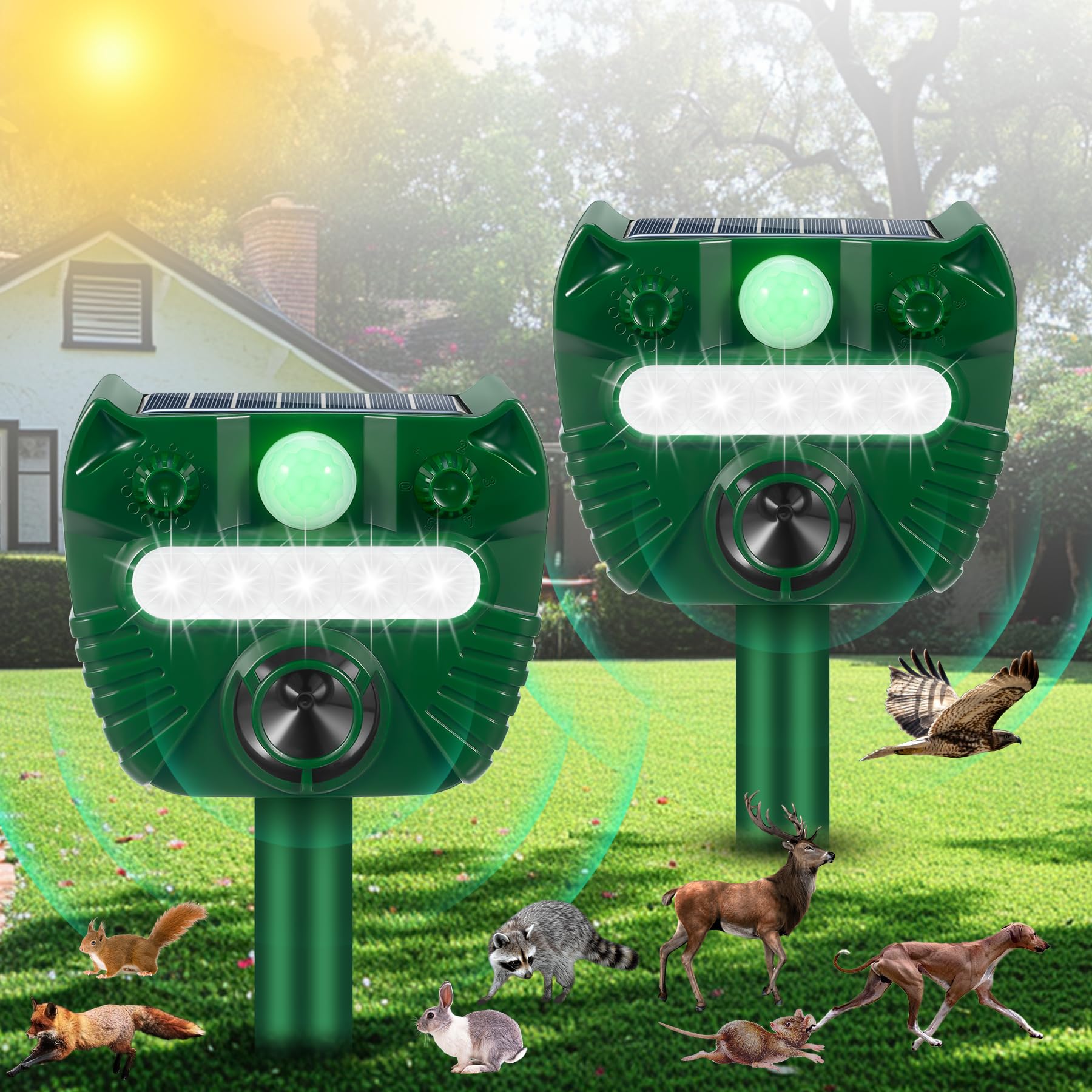 Upgraded Ultrasonic Animal Repeller Outdoor,2 Pack Solar Animal Repeller with Motion Sensor & Deterrent Light to Scare Cat Raccoon Rabbit Squirrel Skunk Dog Deer Repellent Devices for Yard Protection