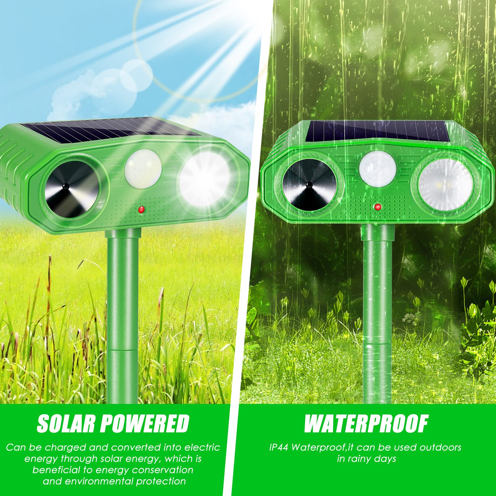 2 PCS Ultrasonic Animal Repellent Outdoor Solar Animal Repeller Waterproof with Motion Sensor & Strobe Light Alarm Sound Animal Deterrent for Cat Squirrel Raccoon Deer Fox Coyote Skunk Bird Repellent