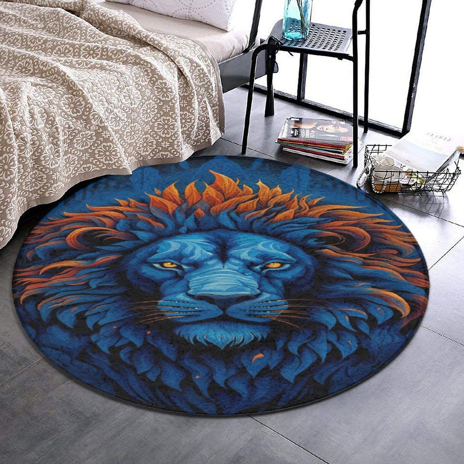 Modern Round Rug African Flaming Lion Blue Art Office Computer Chair Cozy Floor Mat Area Rugs Home Decor Soft Carpets Play Rug, Diameter 24inch 36inch 60inch