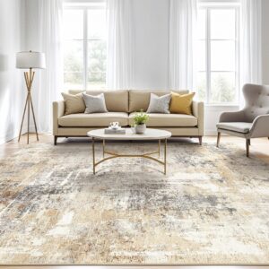 8x10 Area Rugs Living Room Rug: Large Soft Machine Washable Abstract Modern Stain Resistant Indoor Floor Carpet Low Pile Accent Rug for Bedroom Dining Room Office Nursery Kitchen Home- Grey Gold