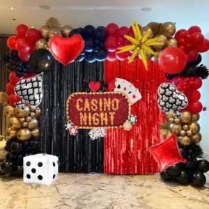 153PCS Casino Theme Party Decorations, Black Red Gold Balloon Garland Arch Kit With Starburst Dice Poker Foil Balloons, Foil Fringle Curtain Backdrops