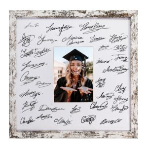 GraduatePro 14x14 Signature Picture Frame Board for 5x7 Photo with Signable Mat for Birthday Baptism Party Graduation Wedding Guest Book Rustic White