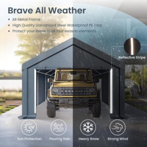 PHI VILLA 13'x24'x9.6' Outdoor Portable Storage Shelter Shed Garage with Roll up Zipper Doors & Vents Carport for Motorcycle Waterproof and UV Resistant Anti-Snow Portable Garage Kit Tent, Gray