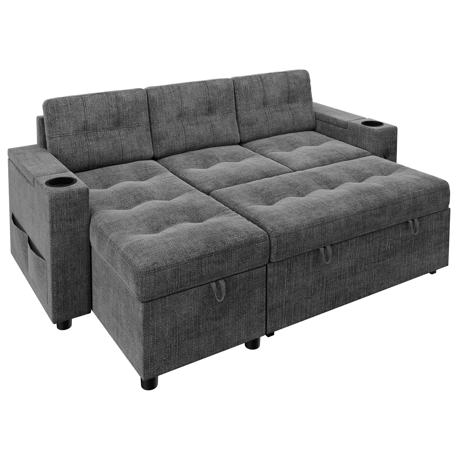 Sofa Bed- 2 in 1 Pull Out Couch Bed with Storage Space and Arms,Sleeper Sofa with Pull Out Bed,L-Shaped Sofa Couch Bed,1 USB-A, 1 Type-C,Pull Out Couch for Living Room Black,Linen Sectional Sofa,Grey