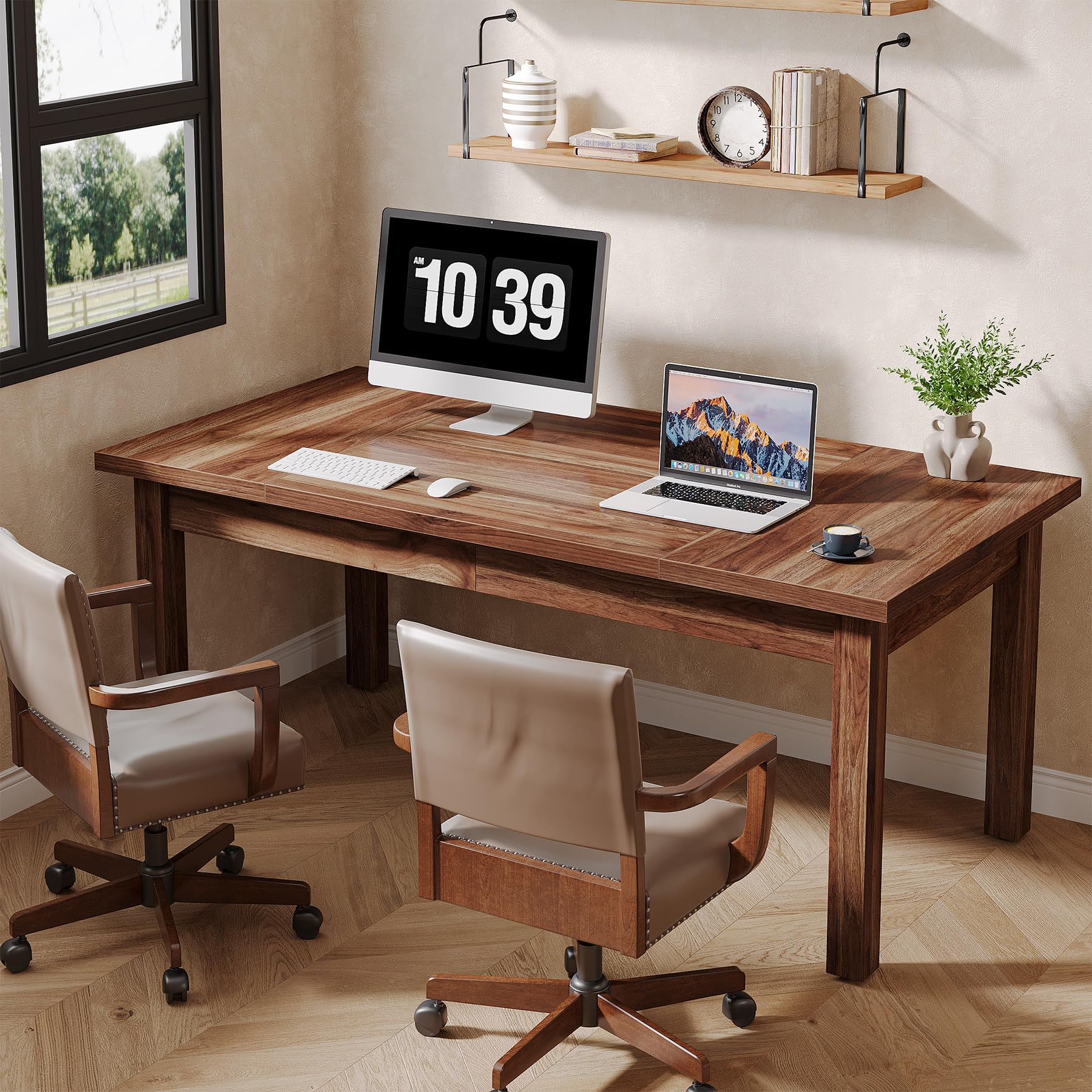 Tribesigns 70 Inch Large Desk, Wood Farmhouse Office Computer Desk Writing Study Desk for 1-2 Person, Executive Desk with Thickened Frame and Board