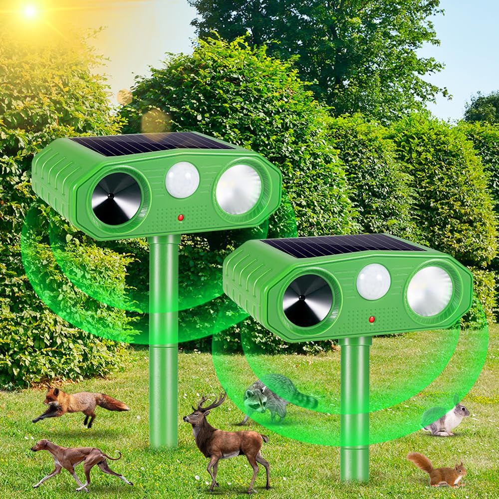 2 PCS Ultrasonic Animal Repellent Outdoor Solar Animal Repeller Waterproof with Motion Sensor & Strobe Light Alarm Sound Animal Deterrent for Cat Squirrel Raccoon Deer Fox Coyote Skunk Bird Repellent