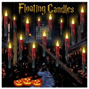 qaeshi floating candles with wand remote, 10pcs magic warm flickering flameless hanging candles,battery operated window led taper lights for halloween christmas decor home party