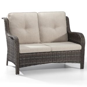 Gardenbee Patio Loveseat Sofa Outdoor Wicker Couch, 2-Seater Furniture with High Back and Olefin Cushions, Beige