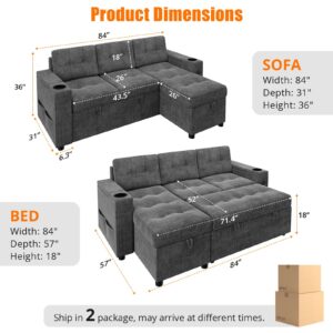 Sofa Bed- 2 in 1 Pull Out Couch Bed with Storage Space and Arms,Sleeper Sofa with Pull Out Bed,L-Shaped Sofa Couch Bed,1 USB-A, 1 Type-C,Pull Out Couch for Living Room Black,Linen Sectional Sofa,Grey