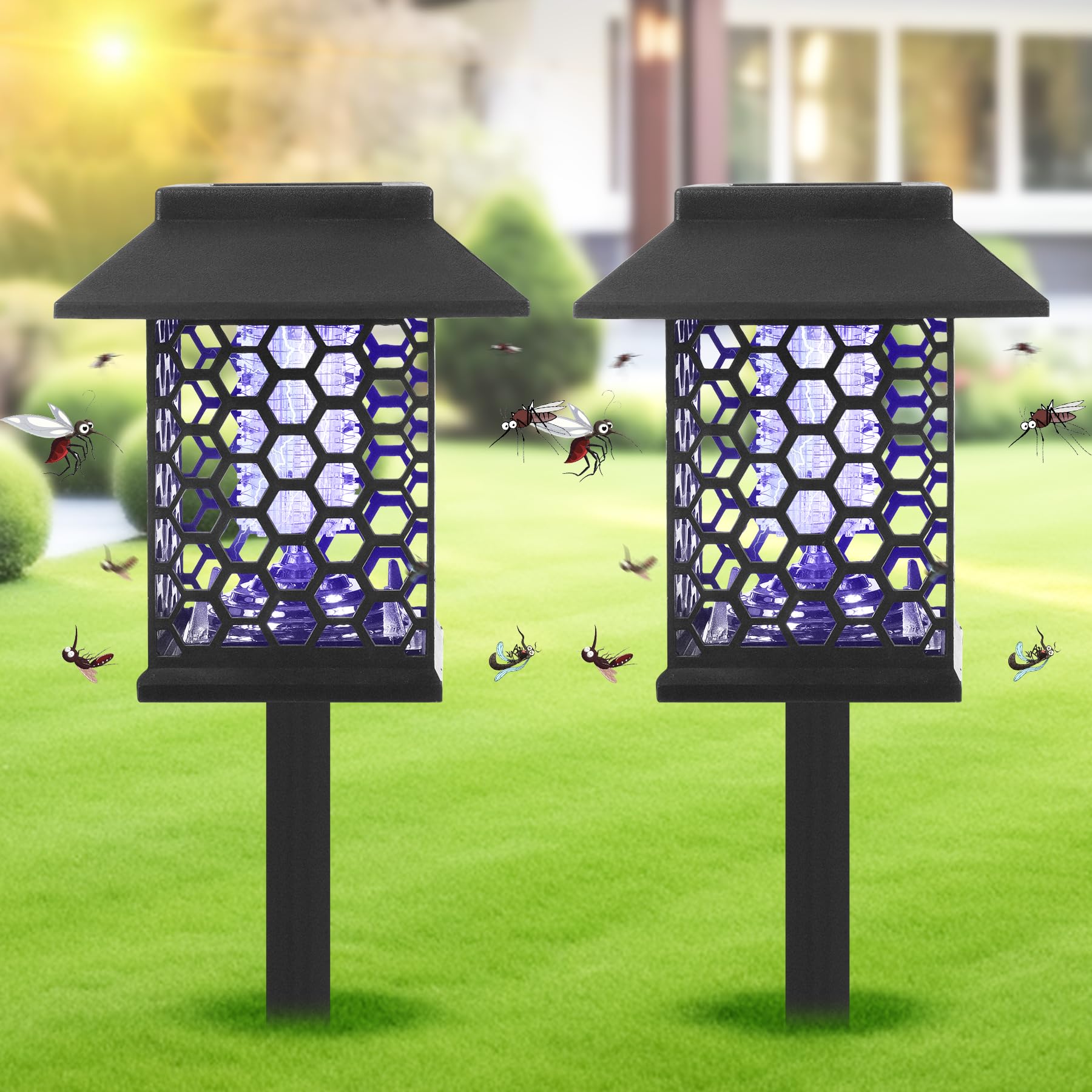 2 Pack Solar Bug Zapper Outdoor 2 in 1 Mosquito Zapper Killer Lamp & Lighting Fly Zapper Repellent Stake Landscape Fixture for Garden Patio Pathway Backyard Camping Insect Mosquito Repellent, Black