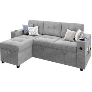 Sofa Bed- 2 in 1 Pull Out Couch Bed with Storage Space and Arms,Sleeper Sofa with Pull Out Bed,L-Shaped Sofa Couch Bed,1 USB-A, 1 Type-C,Pull Out Couch for Living Room ,Linen Sectional Sofa,Grey