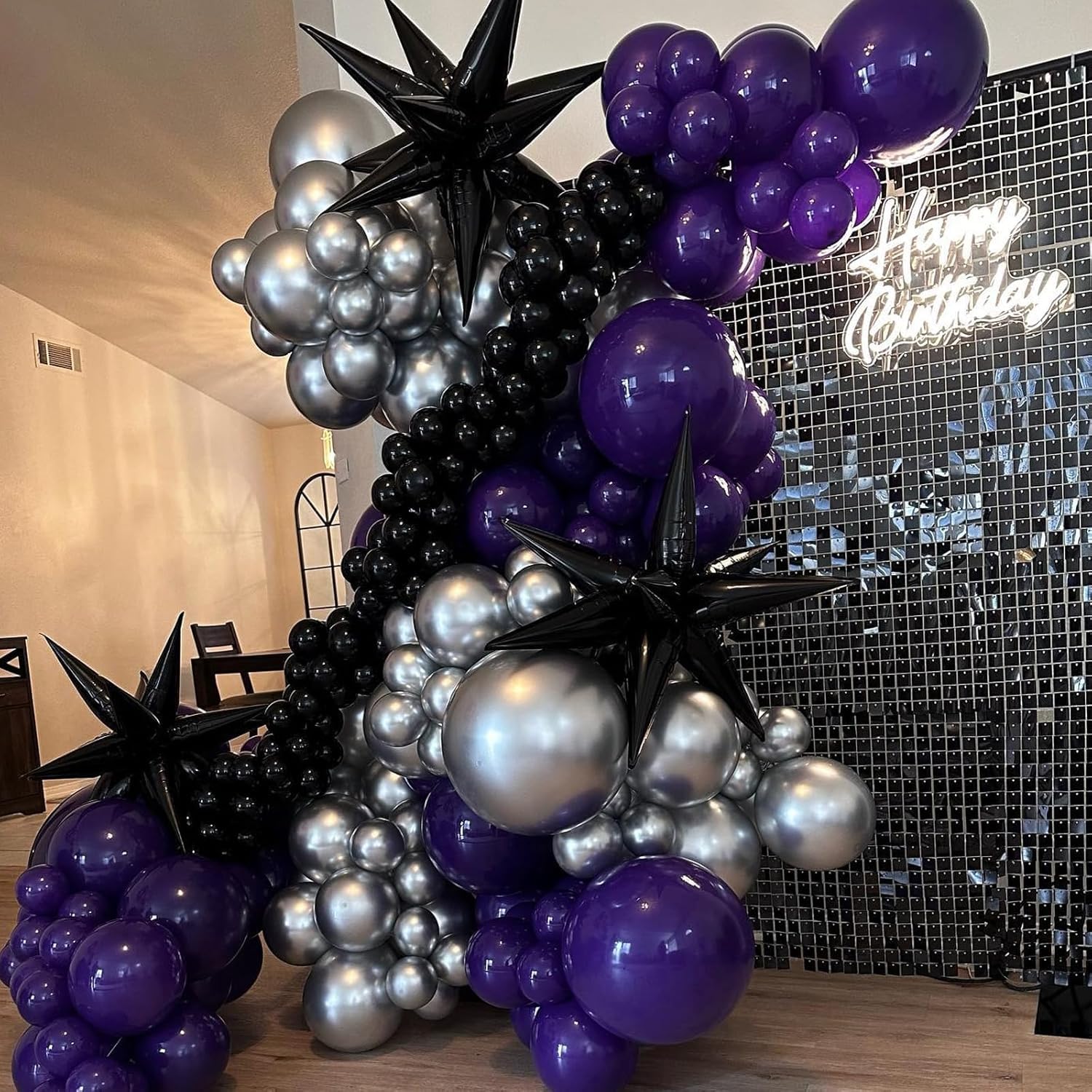 HKYOOD Purple and Black Balloons - 70Pcs 12 inch Purple Black Metallic Silver Latex Balloons with Purple Confetti for Halloween Birthday Anniversary Wednesday Graduation Party Decorations