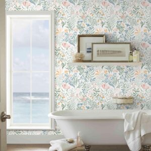 Fititem Floral Peel and Stick Wallpaper Floral Boho Contact Paper Flower Wallpaper Removable Self Adhesive Wallpaper Wildflower Botanical Nursery Wallpaper Bedroom Bathroom Waterproof Leaf 17.3”×78.7”