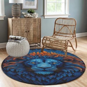 Modern Round Rug African Flaming Lion Blue Art Office Computer Chair Cozy Floor Mat Area Rugs Home Decor Soft Carpets Play Rug, Diameter 24inch 36inch 60inch