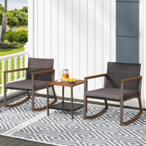 toolsempire outdoor rocking chair set, 3 pieces patio set rocking chair with coffee table & cushions, patio wicker furniture set outdoor bistro set for balcony, porch & backyard (gray)