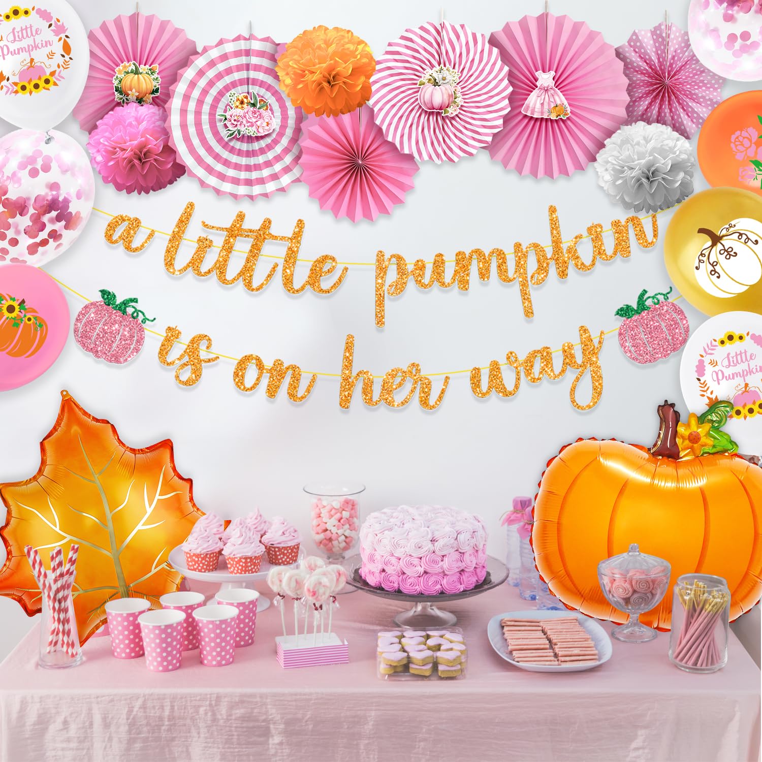 Little Pumpkin Baby Shower Decorations, 38Pcs Pumpkin Baby Shower A Little Pumpkin Is On Her Way Banner, Fall Baby Shower Decorations Girl Maple Leaf Pumpkin Balloons Paper Flower Balls Paper Fans